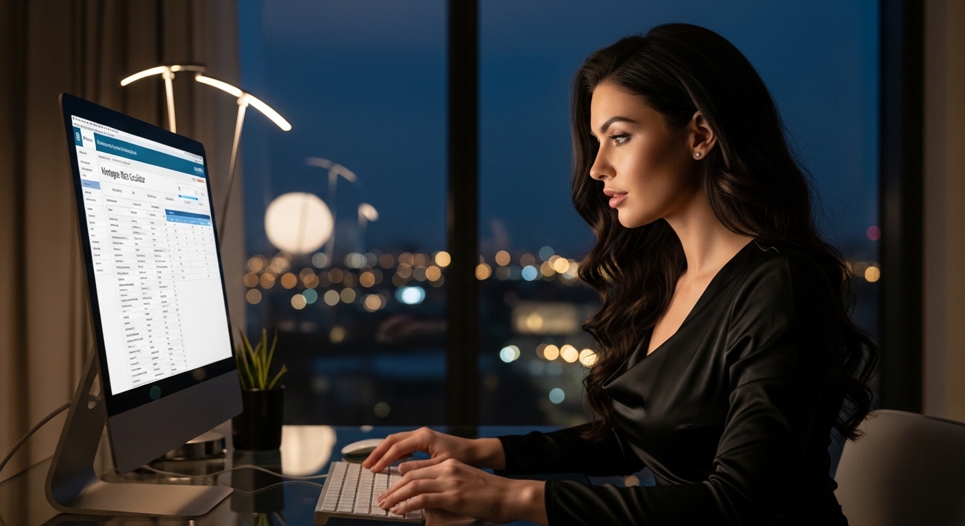 Professional woman calculating her mortgage payment on a desktop computer with a city skyline at night — Mortgage Rate Calculator preview